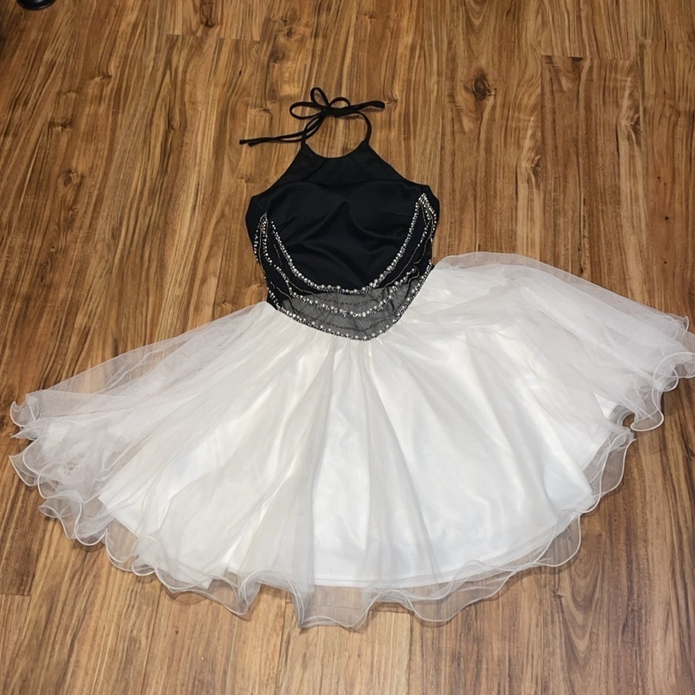 Stacy Sklar women dress 7 medium black white tulle rhinestones pearl prom formal - Picture 5 of 11